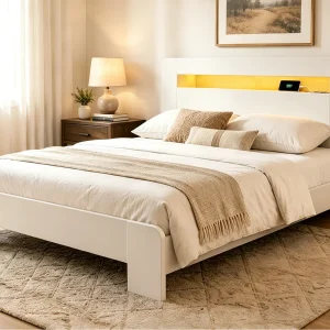Houten bed 140 x 200 cm – met opbergruimte – voorzien van LED-verlichting – met stopcontact – wit (matras niet inbegrepen) Houten bed 140 x 200 cm – met opbergruimte – voorzien van LED-verlichting – met stopcontact – wit (matras niet inbegrepen)