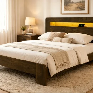Houten bed 140 x 200 cm – met opbergruimte – voorzien van LED-verlichting – met stopcontact – naturel (matras niet inbegrepen) Houten bed 140 x 200 cm – met opbergruimte – voorzien van LED-verlichting – met stopcontact – naturel (matras niet inbegrepen)
