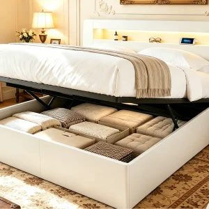 Houten bed met opbergruimte 180×200 cm – met LED-hoofdbord – met geïntegreerd stopcontact – met opbergvakken – wit (matras niet inbegrepen) Houten bed met opbergruimte 180×200 cm – met LED-hoofdbord – met geïntegreerd stopcontact – met opbergvakken – wit (matras niet inbegrepen)