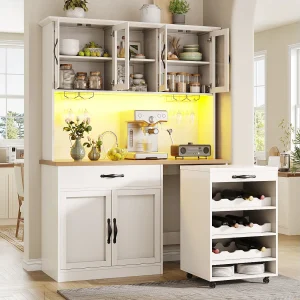 Hoge keukenkast 140x180cm met uitneembaar verrijdbaar serveerwagentje, LED, wijnrek en USB-poorten – wit