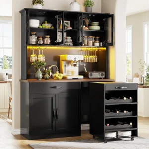 Hoge keukenkast 140x180cm met uitneembaar verrijdbaar serveerwagentje, LED, wijnrek en USB-poorten – zwart