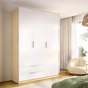 Kledingkast 3 deuren 2 lades B137 cm wit en licht naturel – KALONY