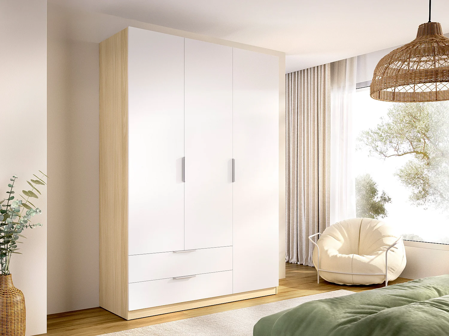 Kledingkast 3 deuren 2 lades B137 cm wit en licht naturel - KALONY
