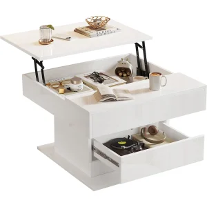 Hoogglans gelakte salontafel met lade en draaibaar blad – Wit PB-hout Hoogglans gelakte salontafel met lade en draaibaar blad – Wit PB-hout