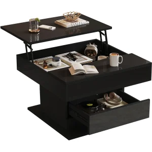 Hoogglans gelakte salontafel met lade en draaibaar blad – Zwart PB-hout Hoogglans gelakte salontafel met lade en draaibaar blad – Zwart PB-hout