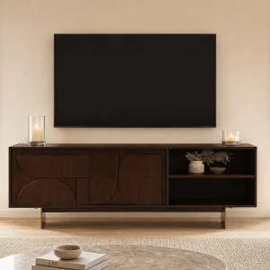 TV-meubel met 2 deuren en 2 nissen in acaciahout – Donker naturel – IZMELA