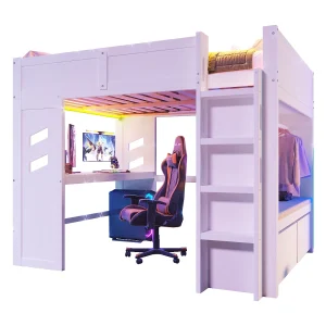 Hoogslaper 140 x 200 cm met bureau, 2 lades en waslijn – Kinderbed met ledverlichting, USB- en Type-C-aansluiting – Wit