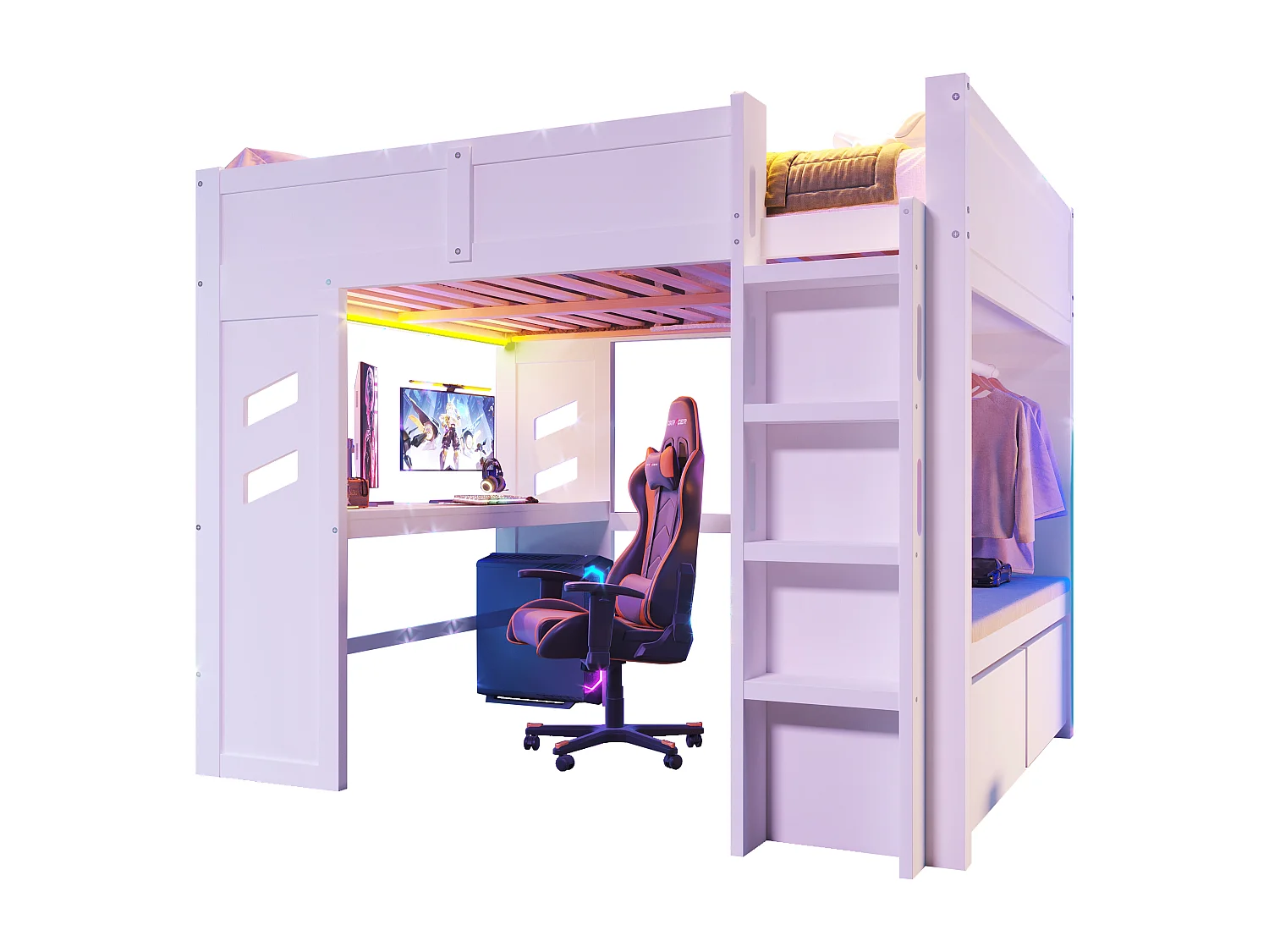 Hoogslaper 140 x 200 cm met bureau, 2 lades en waslijn - Kinderbed met ledverlichting, USB- en Type-C-aansluiting - Wit