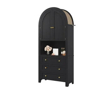 Hoge opbergkast – 70 x 35 x 180 cm – gebogen met 3 laden en 2 deuren – MDF – Zwart
