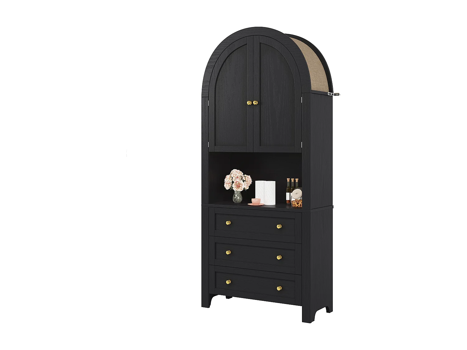 Hoge opbergkast - 70 x 35 x 180 cm - gebogen met 3 laden en 2 deuren - MDF - Zwart