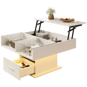 Hoogglans gelakte multifunctionele salontafel met LED-verlichting, verstelbare hoogte en flexibele opbergruimte, Wit Hoogglans gelakte multifunctionele salontafel met LED-verlichting, verstelbare hoogte en flexibele opbergruimte, Wit