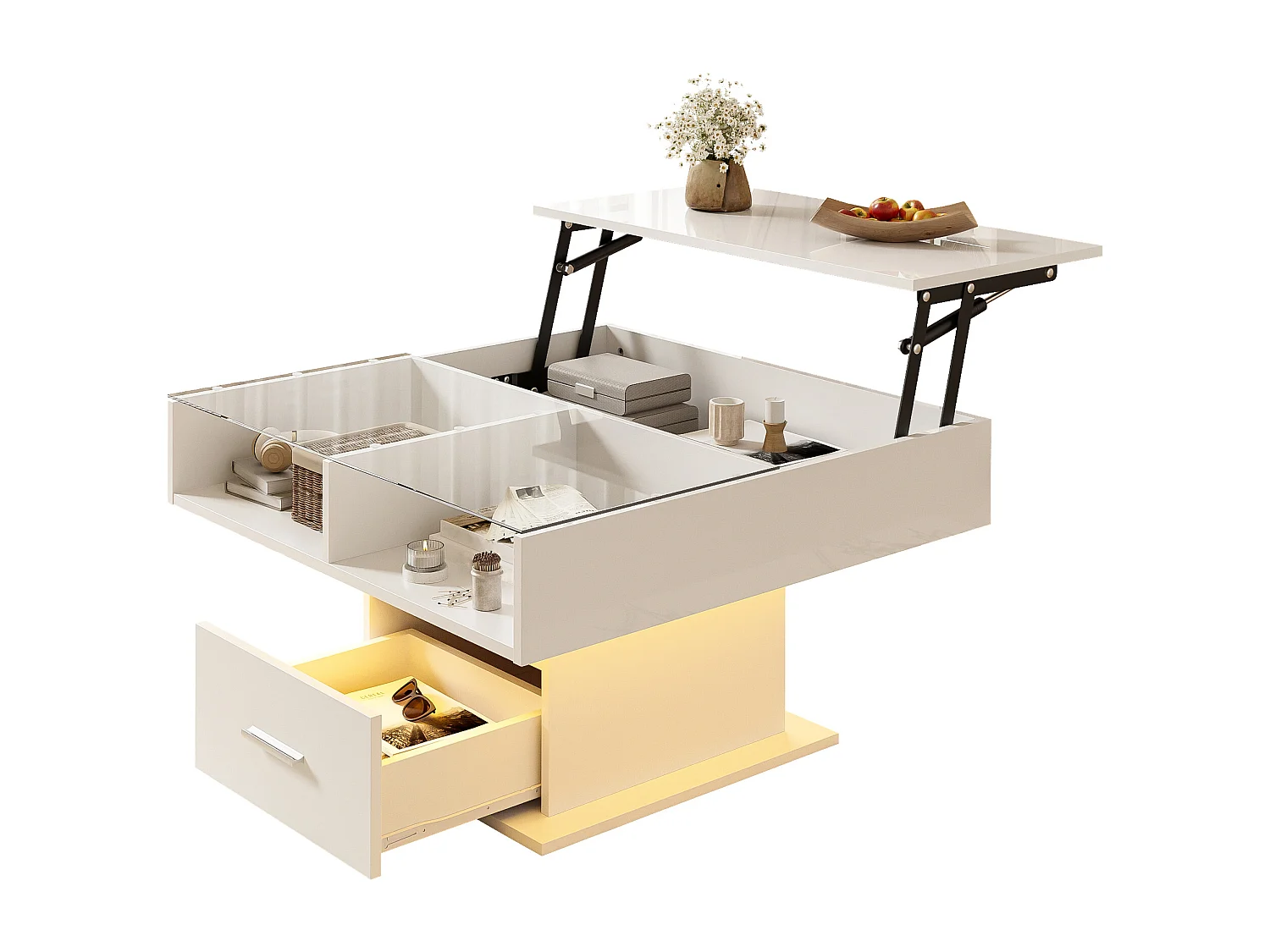 Hoogglans gelakte multifunctionele salontafel met LED-verlichting, verstelbare hoogte en flexibele opbergruimte, Wit