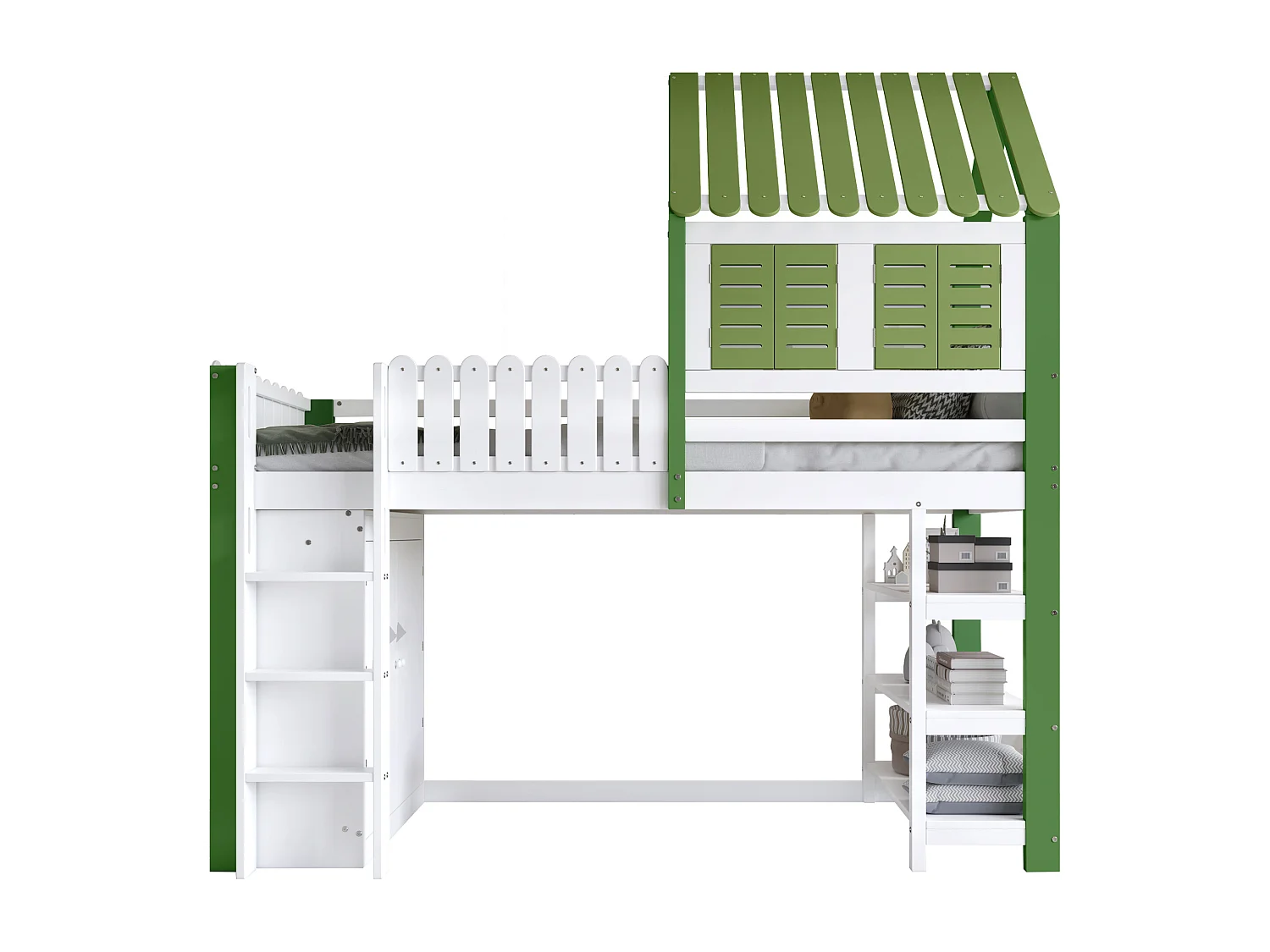 Hoogslaper met kledingkast en plank, 90 x 200 cm, kinderbed met lattenbodem, wit