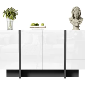 Hoogglans wit dressoir met 2 deuren en 4 laden, voor woonkamer en slaapkamer, 150 x 40 x 80 cm Hoogglans wit dressoir met 2 deuren en 4 laden, voor woonkamer en slaapkamer, 150 x 40 x 80 cm