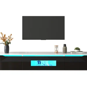 Hoogglans zwarte en houten tv-standaard met veelkleurige ledverlichting – modern bijpassend design, 180 x 35 x 30 cm Hoogglans zwarte en houten tv-standaard met veelkleurige ledverlichting – modern bijpassend design, 180 x 35 x 30 cm