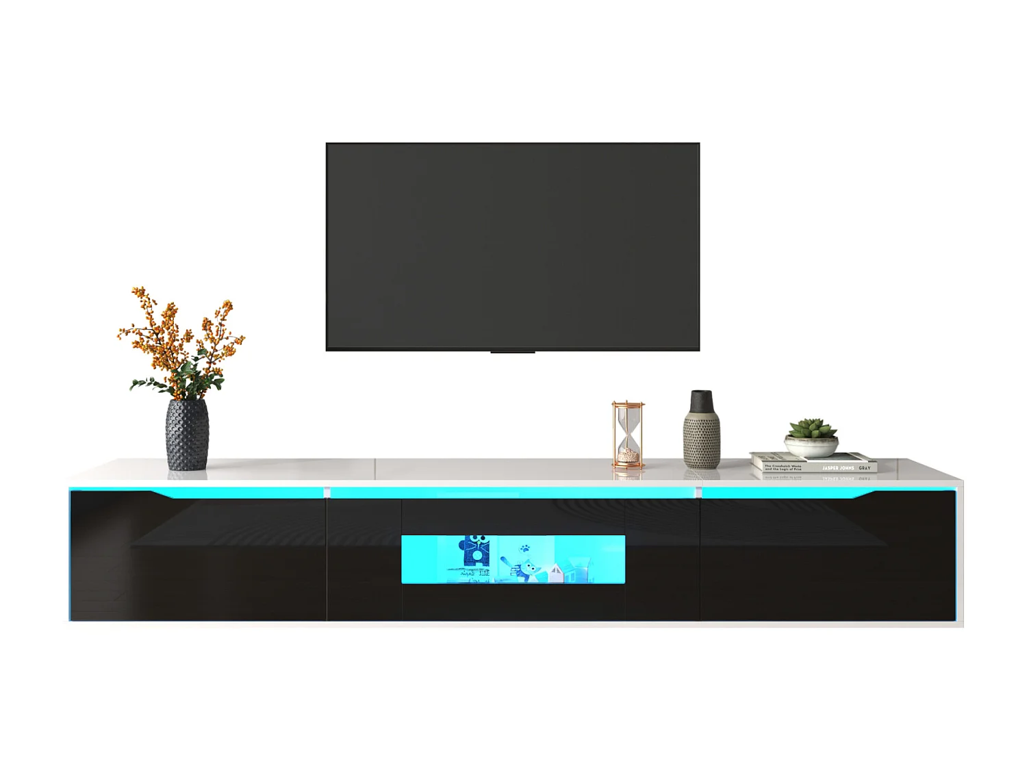 Hoogglans zwarte en houten tv-standaard met veelkleurige ledverlichting – modern bijpassend design, 180 x 35 x 30 cm