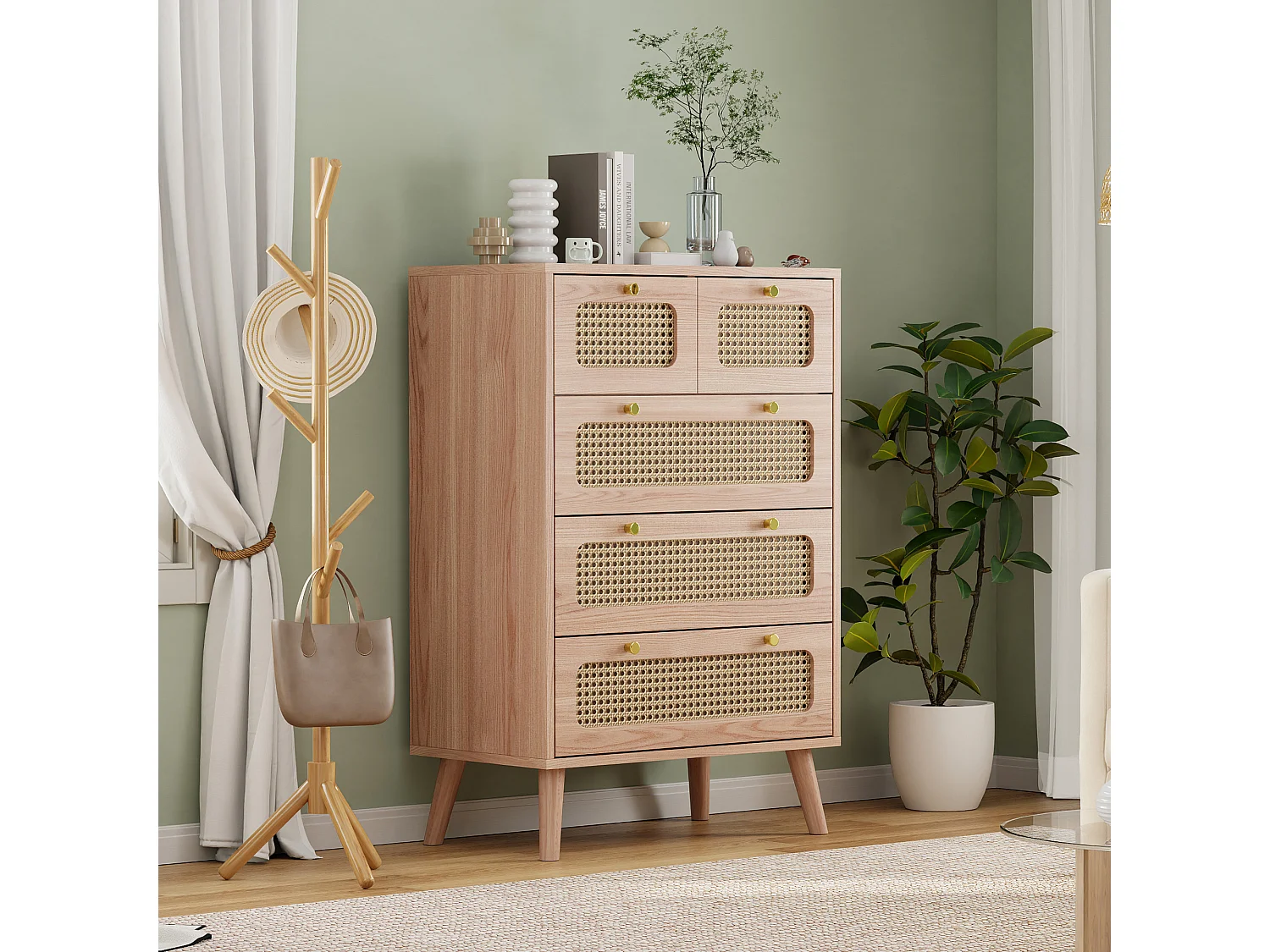 Houten ladekast met 5 lades van natuurlijk rotan en metalen handgrepen - moderne Scandinavische stijl