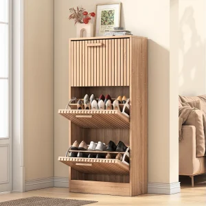 Houten schoenenrek met modern design, 3 kantelbare lades, 113x60x24 cm – Robuuste structuur en ademend paneel Houten schoenenrek met modern design, 3 kantelbare lades, 113x60x24 cm – Robuuste structuur en ademend paneel