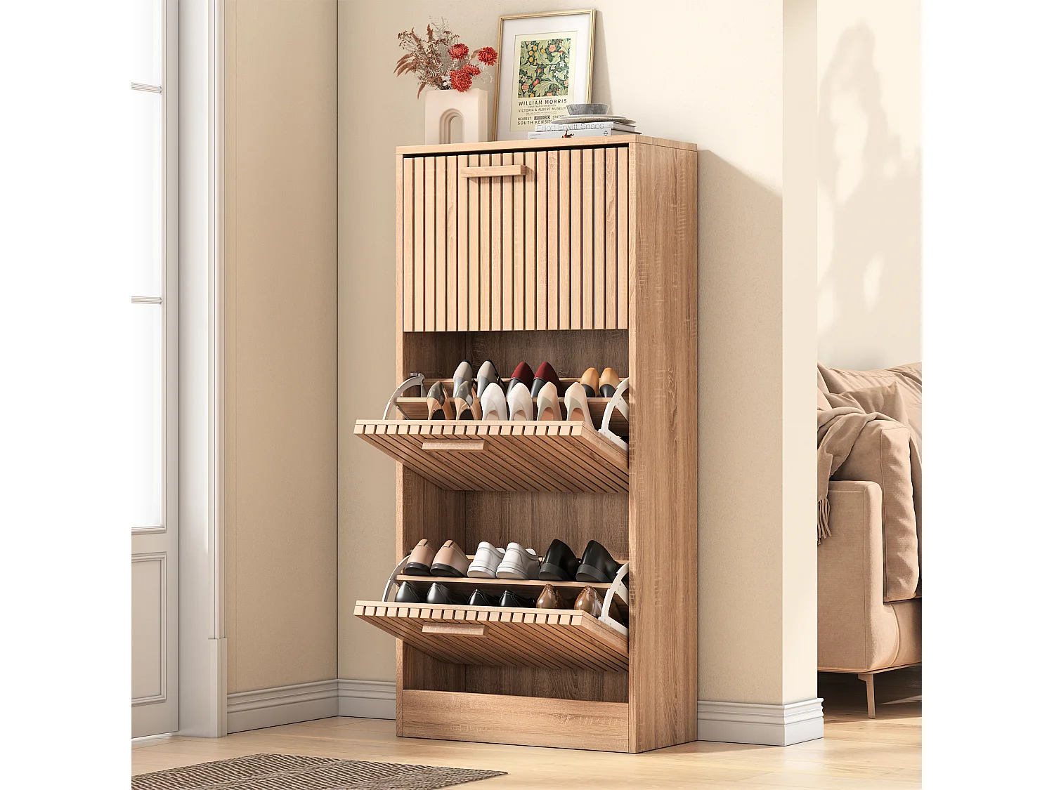 Houten schoenenrek met modern design, 3 kantelbare lades, 113x60x24 cm - Robuuste structuur en ademend paneel