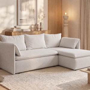 Hoekslaapbank van beige stof met textuur TEODORA Hoekslaapbank van beige stof met textuur TEODORA