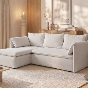 Hoekslaapbank met hoek links van beige stof met textuur AMELIA