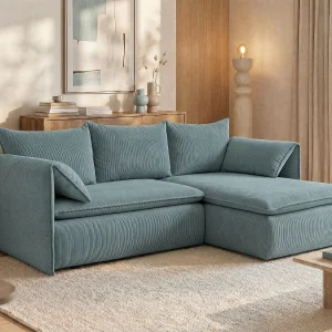Hoekslaapbank TEODORA van PASCAL MORABITO – Ribfluweel – Blauw – Hoek rechts – Koop online