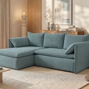 Hoekslaapbank TEODORA van PASCAL MORABITO – Ribfluweel – Blauw – Hoek links – Koop online