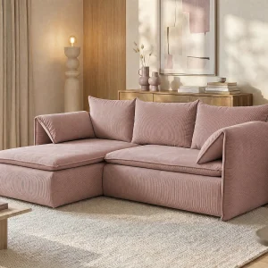 Hoekslaapbank TEODORA van PASCAL MORABITO – Ribfluweel – Roze – Hoek links – Koop online