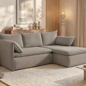 Hoekslaapbank TEODORA van PASCAL MORABITO – Ribfluweel – Taupe – Hoek rechts – Koop online