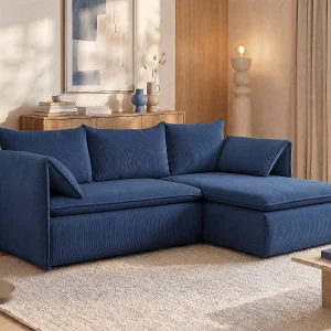 Hoekslaapbank TEODORA van PASCAL MORABITO – Ribfluweel – Donkerblauw – Hoek rechts