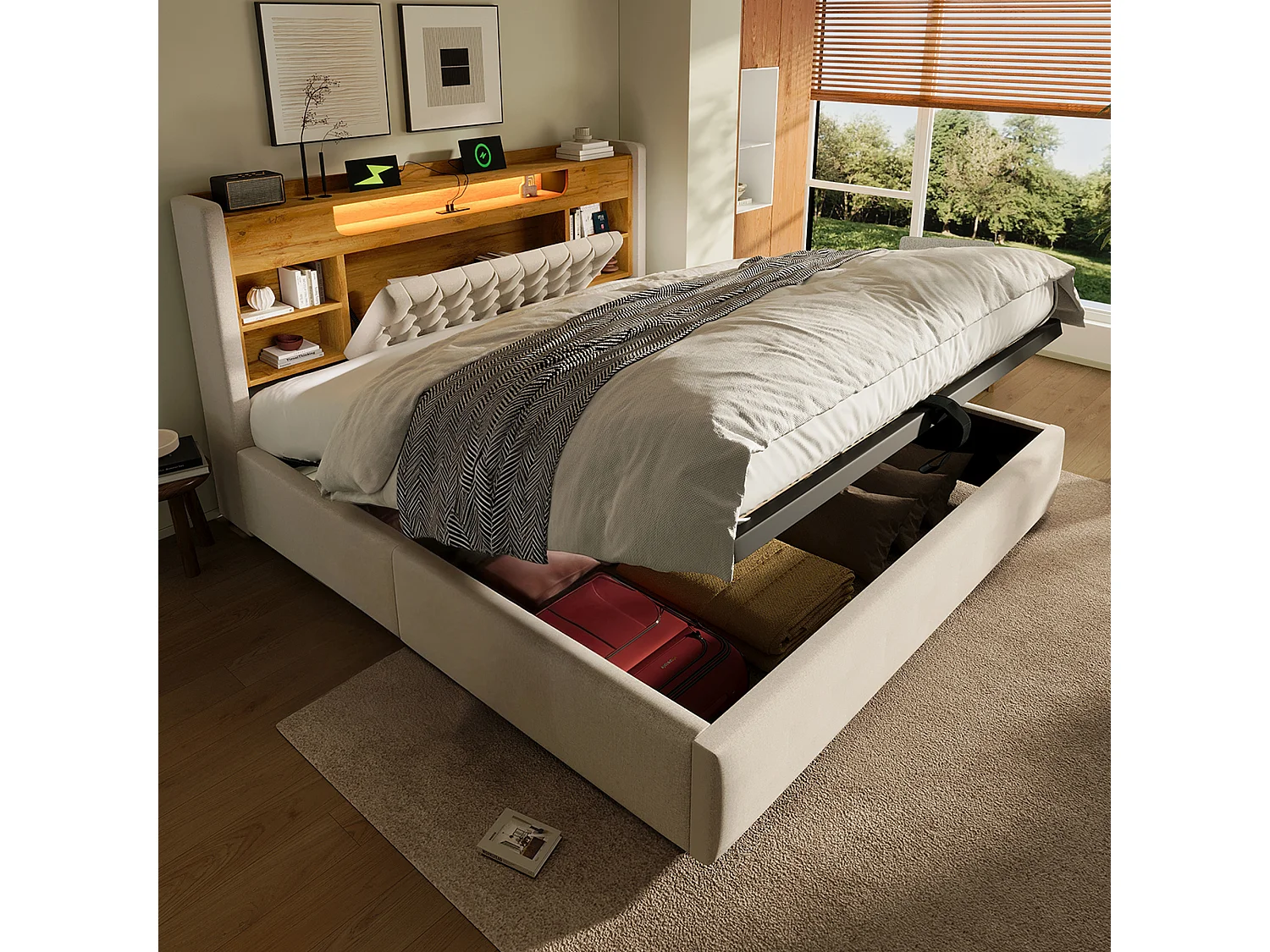 Hydraulisch opbergbed - 180 x 200 cm - met LED-verlichting + USB/Type-C + opbergbaar hoofdeinde - linnen - beige