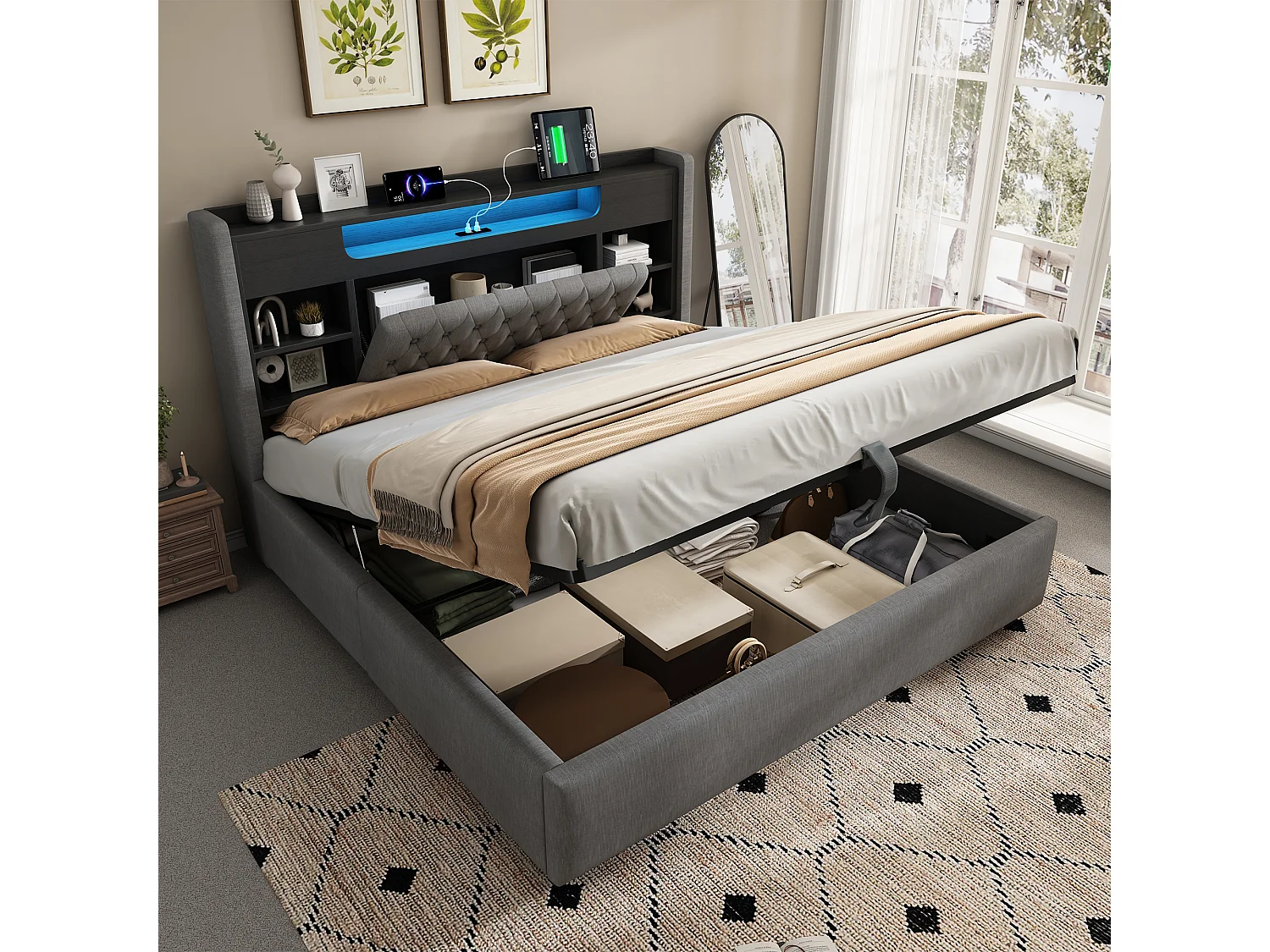 Hydraulisch opbergbed - 140 x 200 cm - met LED-verlichting + USB/Type-C + opbergbaar hoofdeinde - linnen - grijs