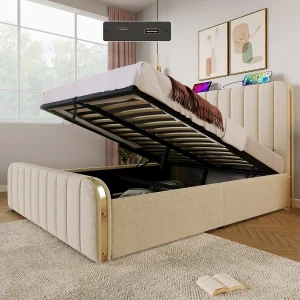 Hydraulisch opbergbed – 140 x 190 cm – met gewatteerd hoofdeinde + USB Type-C – linnen – beige Hydraulisch opbergbed – 140 x 190 cm – met gewatteerd hoofdeinde + USB Type-C – linnen – beige