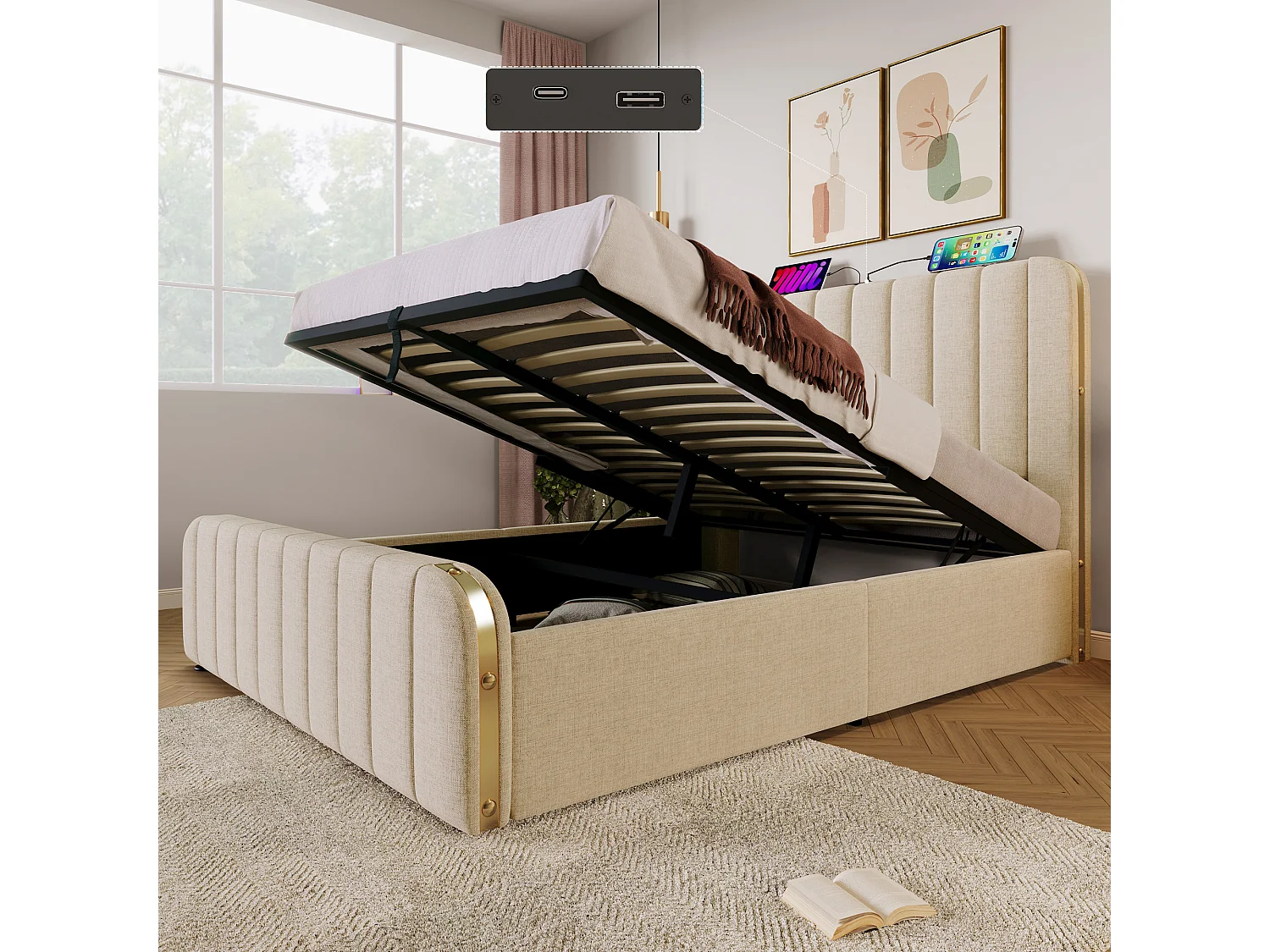 Hydraulisch opbergbed - 140 x 190 cm - met gewatteerd hoofdeinde + USB Type-C - linnen - beige