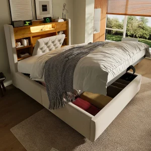 Hydraulisch opbergbed – 90 x 200 cm – met LED-verlichting + USB/Type-C + opbergbaar hoofdeinde – linnen – beige Hydraulisch opbergbed – 90 x 200 cm – met LED-verlichting + USB/Type-C + opbergbaar hoofdeinde – linnen – beige