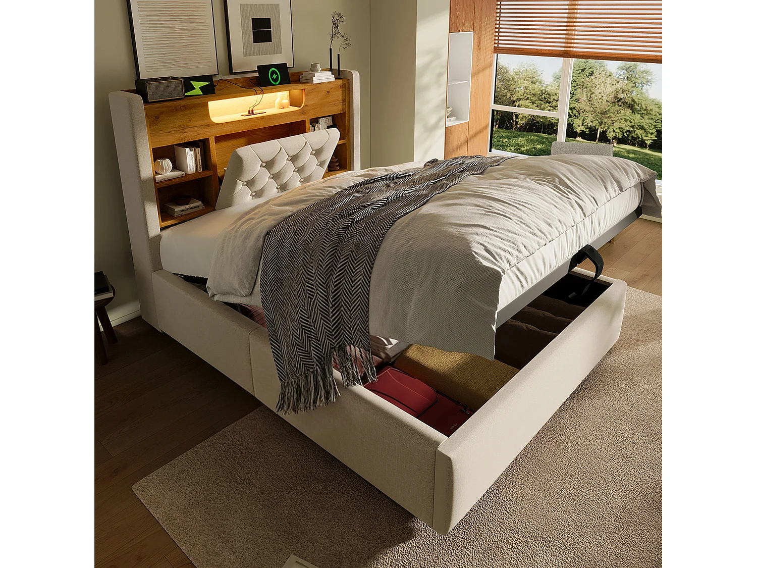 Hydraulisch opbergbed - 90 x 200 cm - met LED-verlichting + USB/Type-C + opbergbaar hoofdeinde - linnen - beige