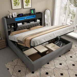Hydraulisch opbergbed – 160 x 200 cm – met LED-verlichting + USB/Type-C + opbergbaar hoofdeinde – linnen – grijs Hydraulisch opbergbed – 160 x 200 cm – met LED-verlichting + USB/Type-C + opbergbaar hoofdeinde – linnen – grijs
