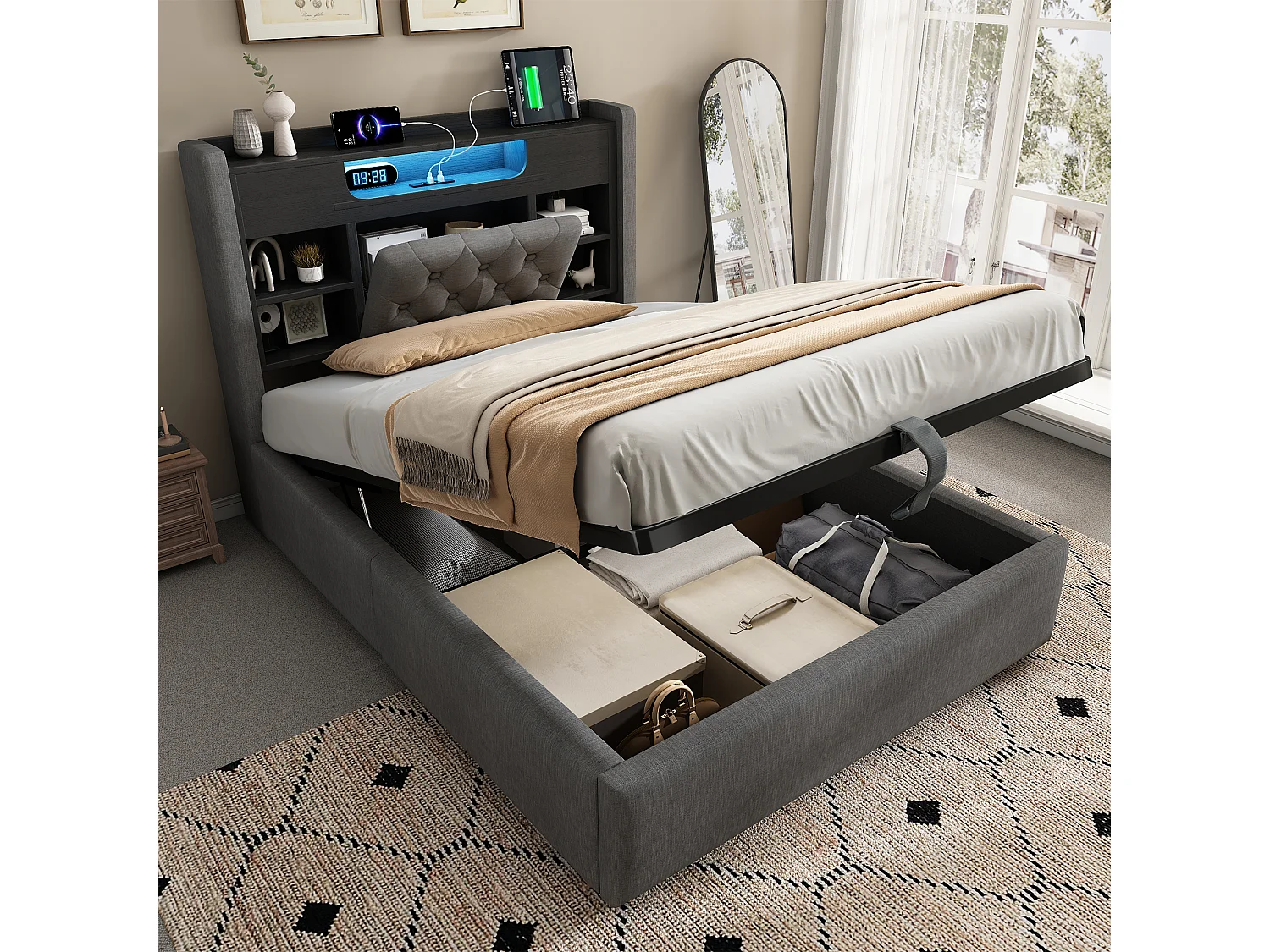 Hydraulisch opbergbed - 90 x 200 cm - met LED-verlichting + USB/Type-C + opbergbaar hoofdeinde - linnen - grijs