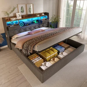 Hydraulisch opbergbed – 140 x 190 cm – met opbergbaar hoofdeinde + LED's + USB – linnen – grijs Hydraulisch opbergbed – 140 x 190 cm – met opbergbaar hoofdeinde + LED's + USB – linnen – grijs
