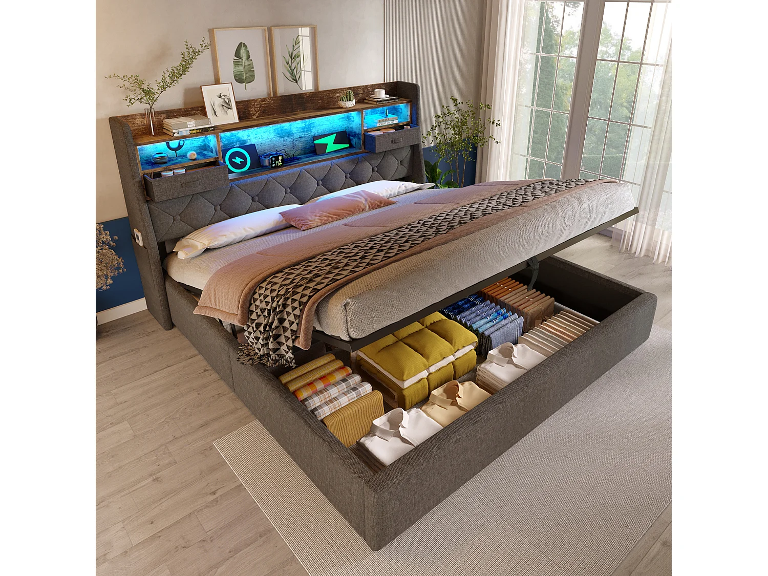 Hydraulisch opbergbed - 140 x 190 cm - met opbergbaar hoofdeinde + LED's + USB - linnen - grijs