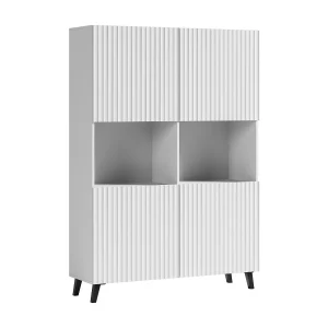 Moderne highboard 160 cm op poten voor woonkamer, wit, MDF-fronten met brede groeven