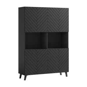 Moderne highboard 160 cm op poten voor woonkamer, zwart grafiet, MDF-fronten in visgraatmotief