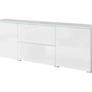 Moderne lowboard TV-meubel 180 cm – hoge TV-kast met lades en planken, romp wit mat, fronten hoogglans wit Moderne lowboard TV-meubel 180 cm – hoge TV-kast met lades en planken, romp wit mat, fronten hoogglans wit