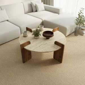 Houten salontafel "Avoure" – 90 x 90 x 35 cm – Travertin