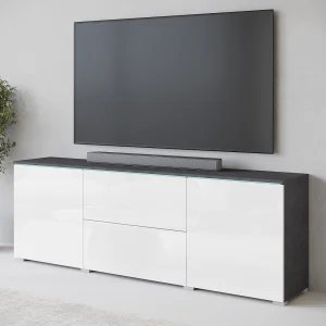 Moderne lowboard TV-meubel 180 cm – hoge TV-kast met lades en planken, romp antraciet matera, fronten hoogglans wit Moderne lowboard TV-meubel 180 cm – hoge TV-kast met lades en planken, romp antraciet matera, fronten hoogglans wit