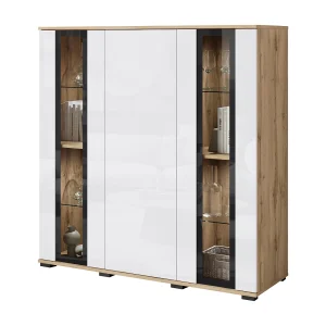 Moderne highboard 120 cm – hoge vitrinekast voor de woonkamer met glas, corpus wotan eiken mat, fronten wit hoogglans