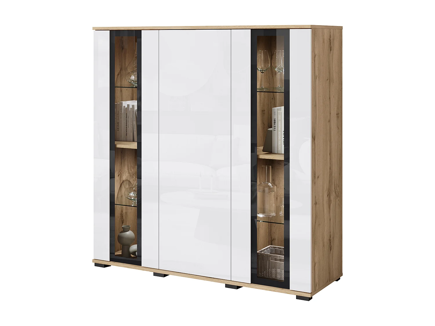 Moderne highboard 120 cm – hoge vitrinekast voor de woonkamer met glas, corpus wotan eiken mat, fronten wit hoogglans