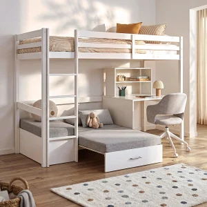Hoogslaper 90 x 200 cm bureau, slaapbank en opbergruimte grenen en MDF wit + matras – GOLIATH