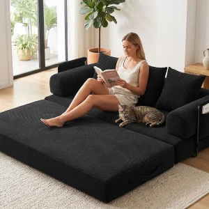 Kaleido 2.0 – Modulaire Corduroy Bank – Extern Metalen Frame – Opbergvakken en 3 Kussens Inclusief – Zwart – Ideaal voor Woonkamer, Appartement