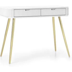Kaptafel met lades Gerly – consoletafel 100 cm, geribbelde fronten, wit + goud Kaptafel met lades Gerly – consoletafel 100 cm, geribbelde fronten, wit + goud